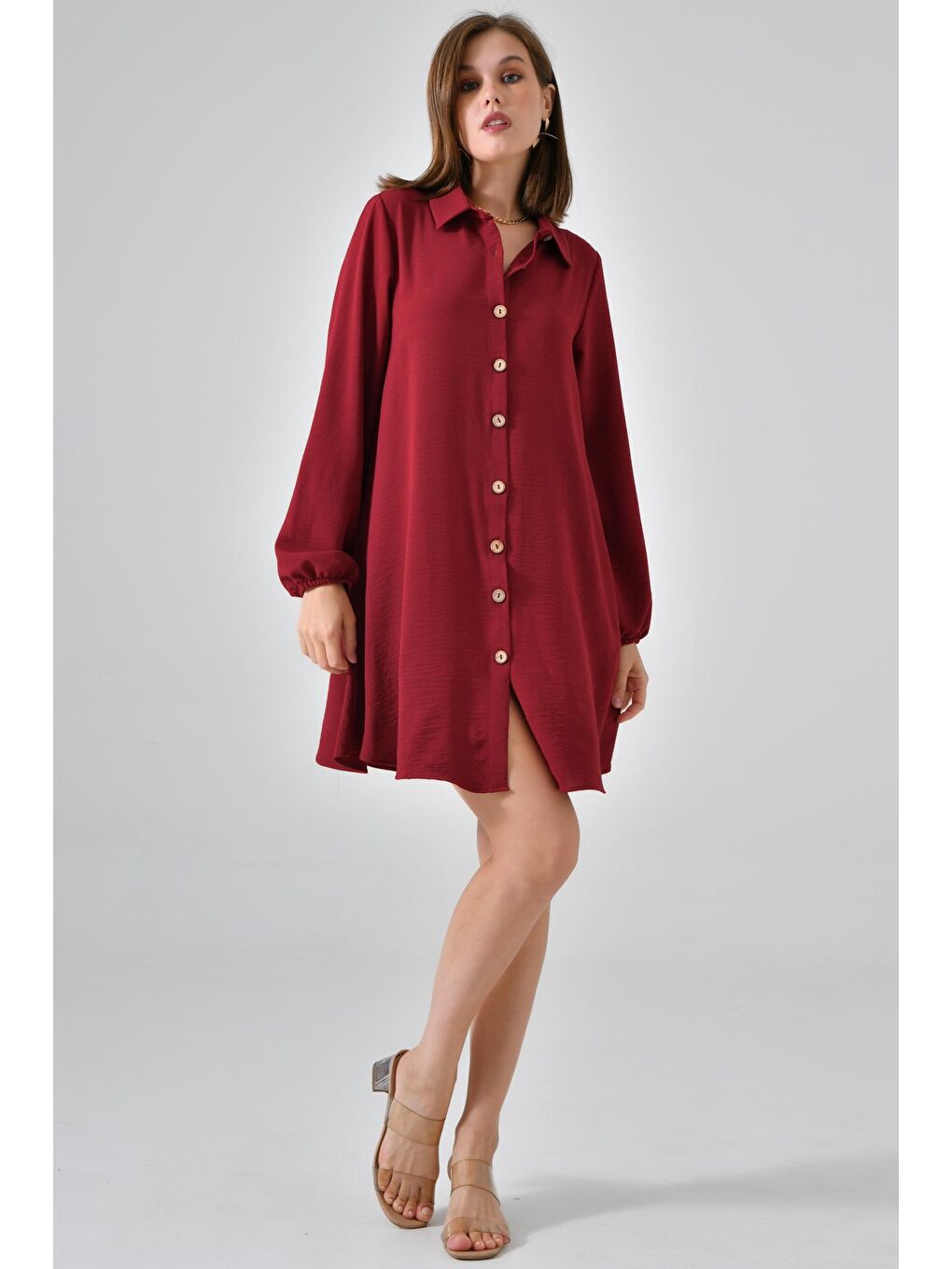Bordo Kadın Gömlek Yaka Ahşap Düğmeli Kolağzı Lastikli Aerobin Dokuma Tunik - Regular Fit-5