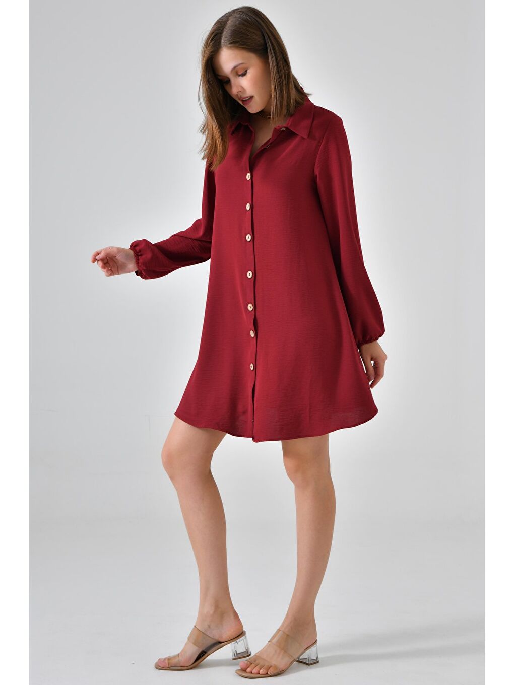 Bordo Kadın Gömlek Yaka Ahşap Düğmeli Kolağzı Lastikli Aerobin Dokuma Tunik - Regular Fit-6