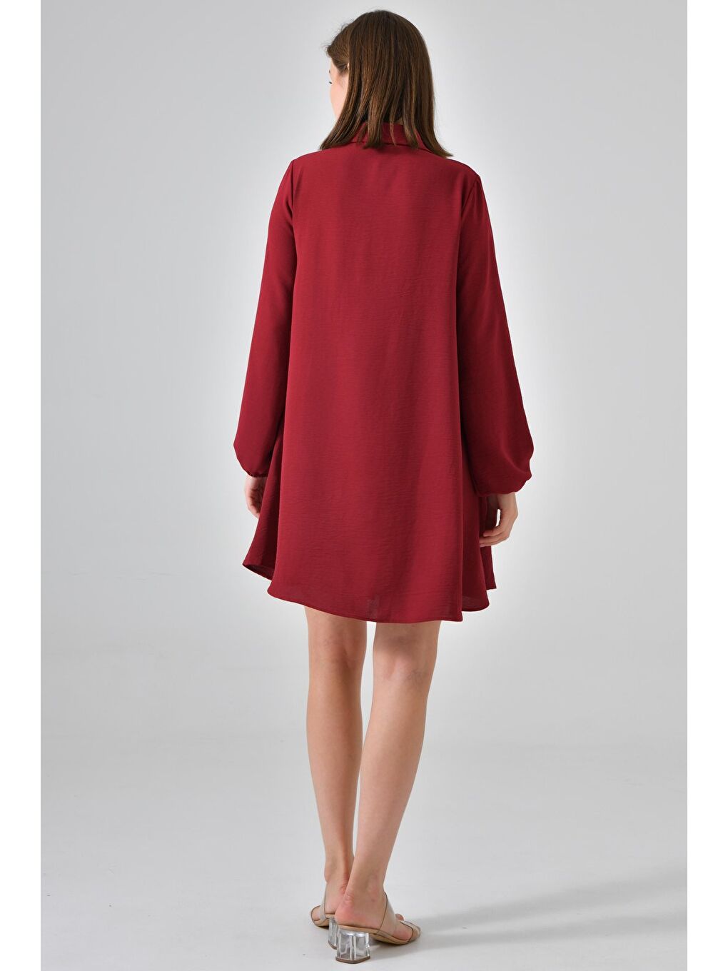 Bordo Kadın Gömlek Yaka Ahşap Düğmeli Kolağzı Lastikli Aerobin Dokuma Tunik - Regular Fit-7