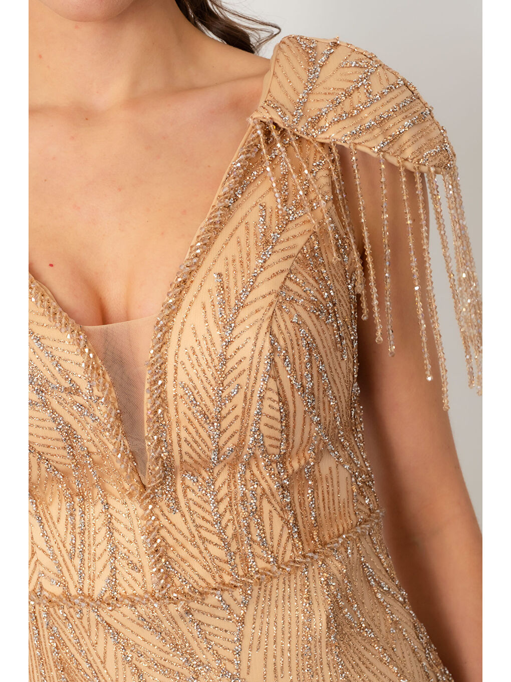 Sarı Kadın Gold Omuz Detay Simli Uzun Abiye Elbise-3