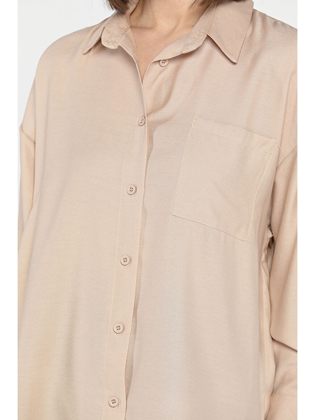 Bej Kadın Tek Cepli Salaş Gömlek-3