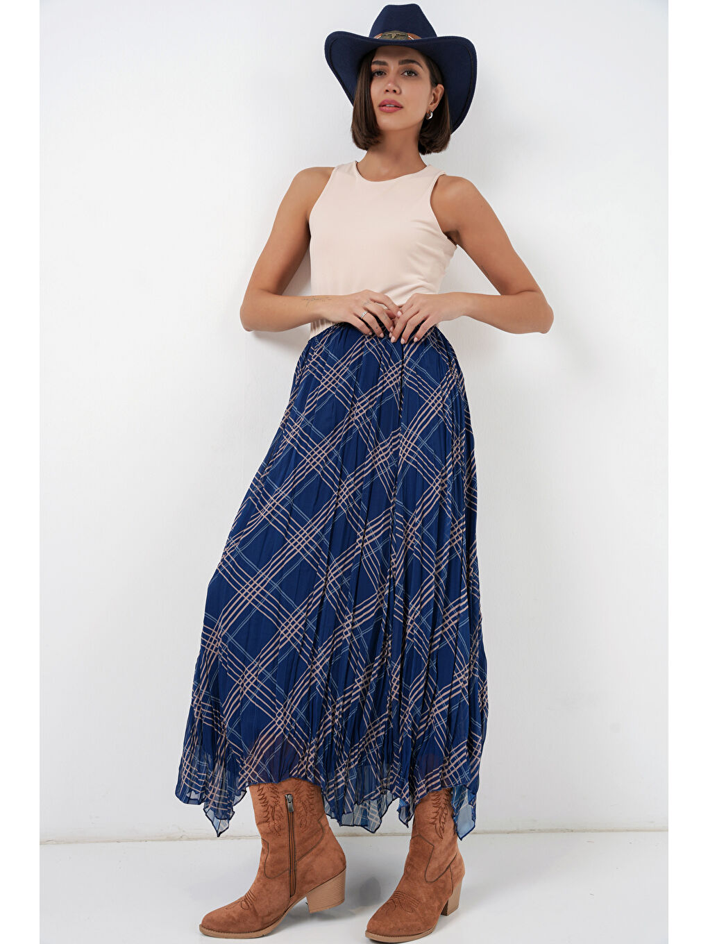 Kadın Asimetrik Kesim Şifon Etek 8056 - Lacivert-4