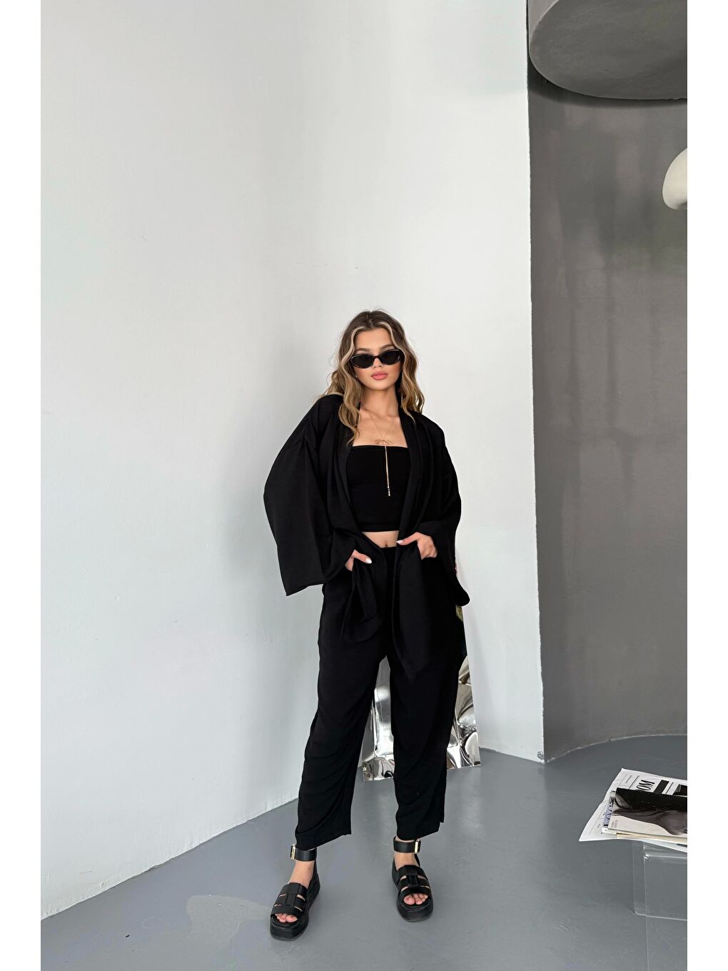 Kadın Siyah Kimono Takım