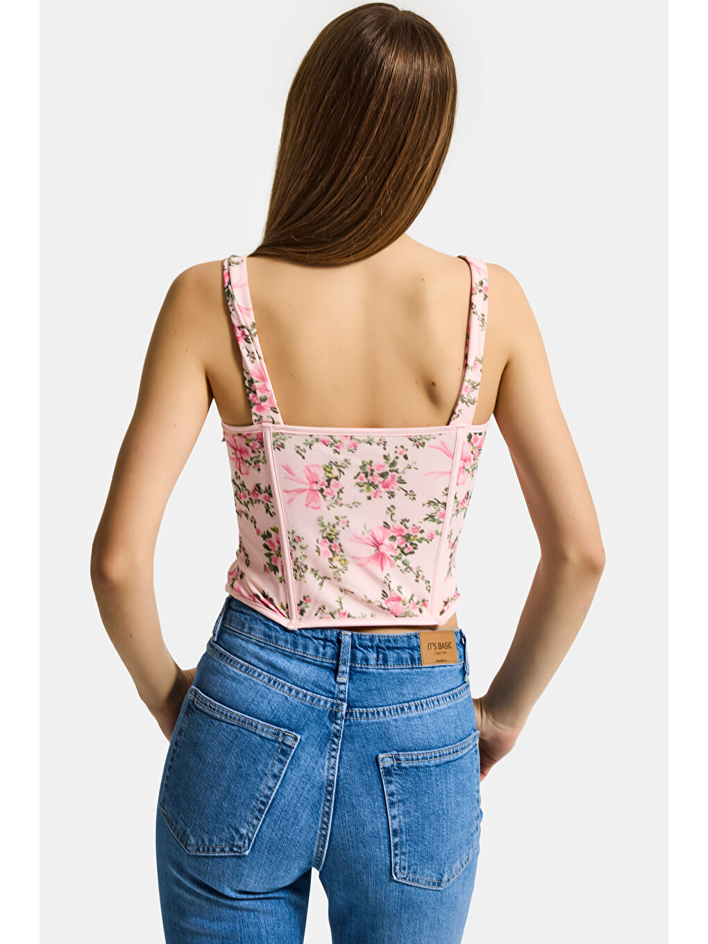 Kadın Pembe Çiçekli w5 Balenli Kuş Gözü Detaylı Özel Desen Tasarım Askılı Büstiyer-2