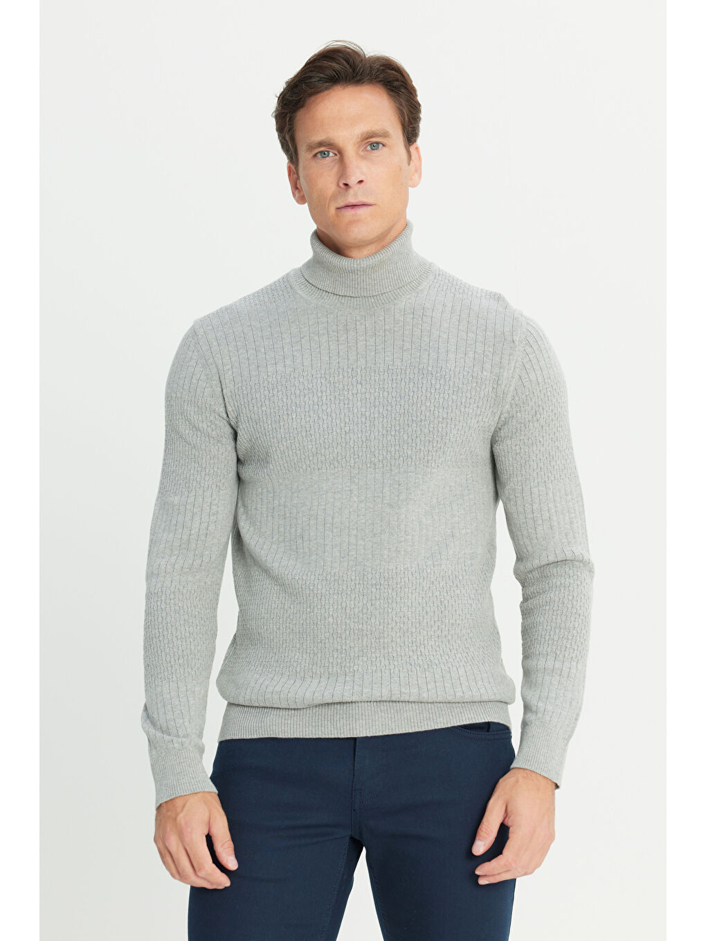 Erkek Gri Melanj Recycle Standart Fit Normal Kesim Tam Balıkçı Yaka Pamuklu Jakarlı Triko Kazak-2