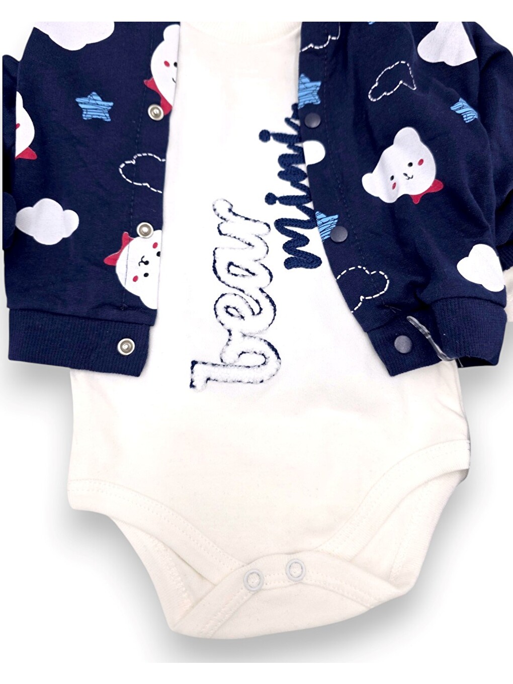 Lacivert Erkek Bebek Mini Bear Desenli 3 Parça Mevsimlik Zıbın Takımı-1