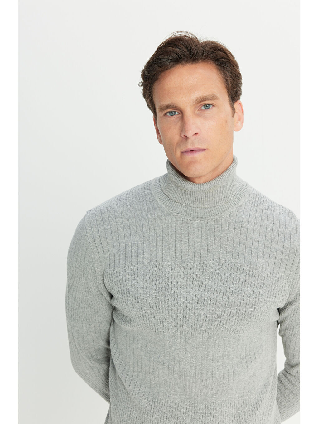 Erkek Gri Melanj Recycle Standart Fit Normal Kesim Tam Balıkçı Yaka Pamuklu Jakarlı Triko Kazak-3