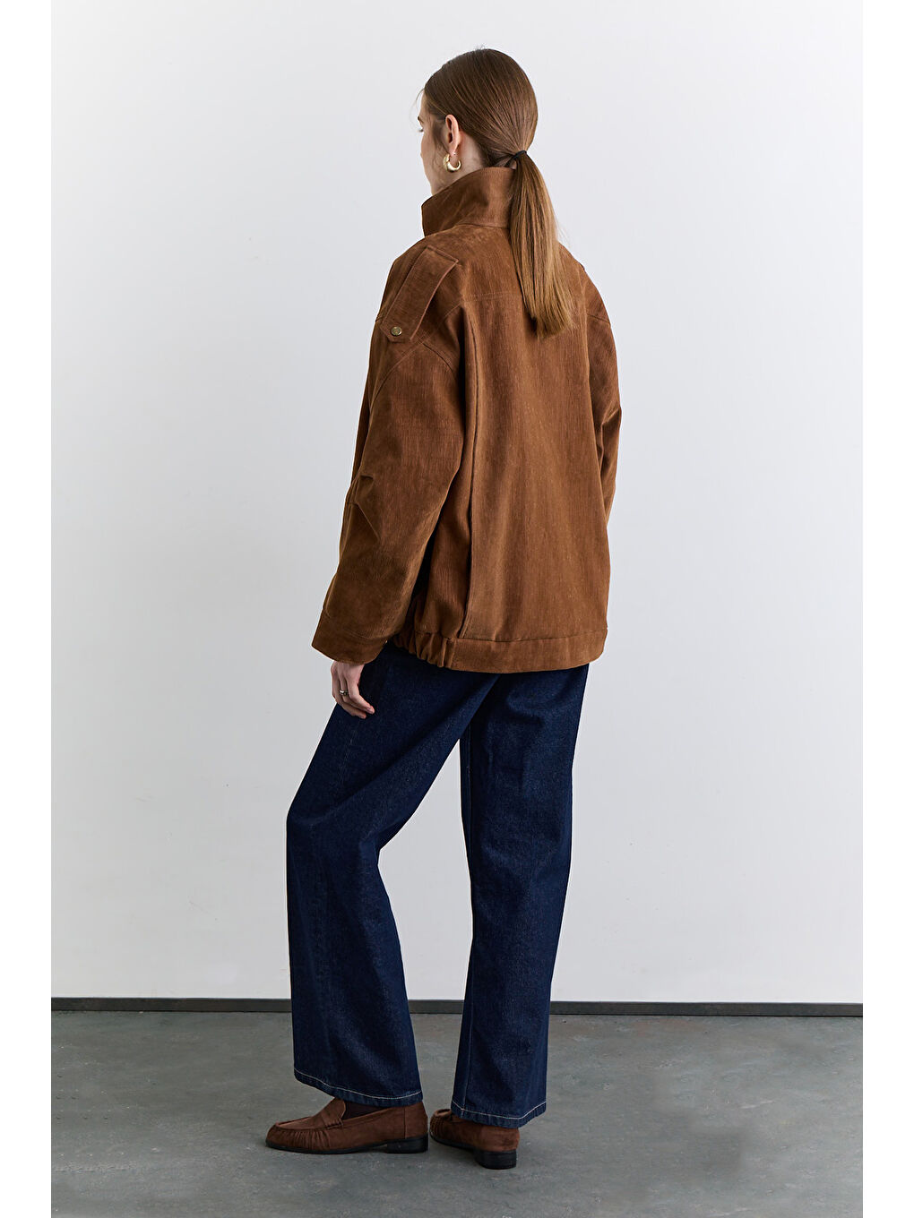 Kahverengi Yüksek Yakalı Flok Baskılı Ceket Camel-7