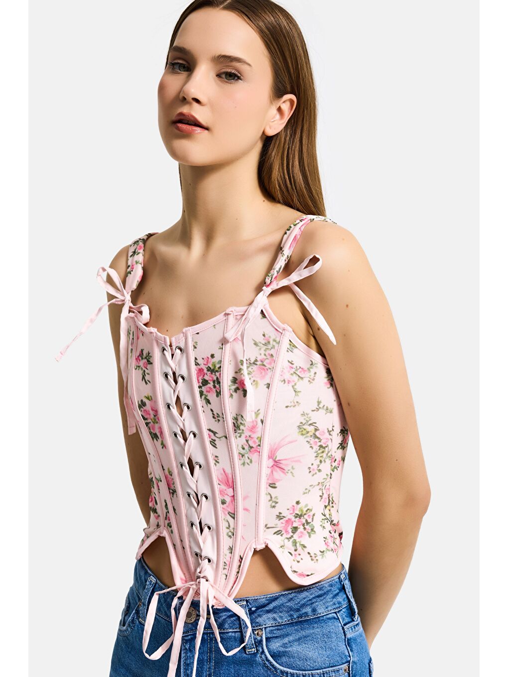 Kadın Pembe Çiçekli w5 Balenli Kuş Gözü Detaylı Özel Desen Tasarım Askılı Büstiyer-3