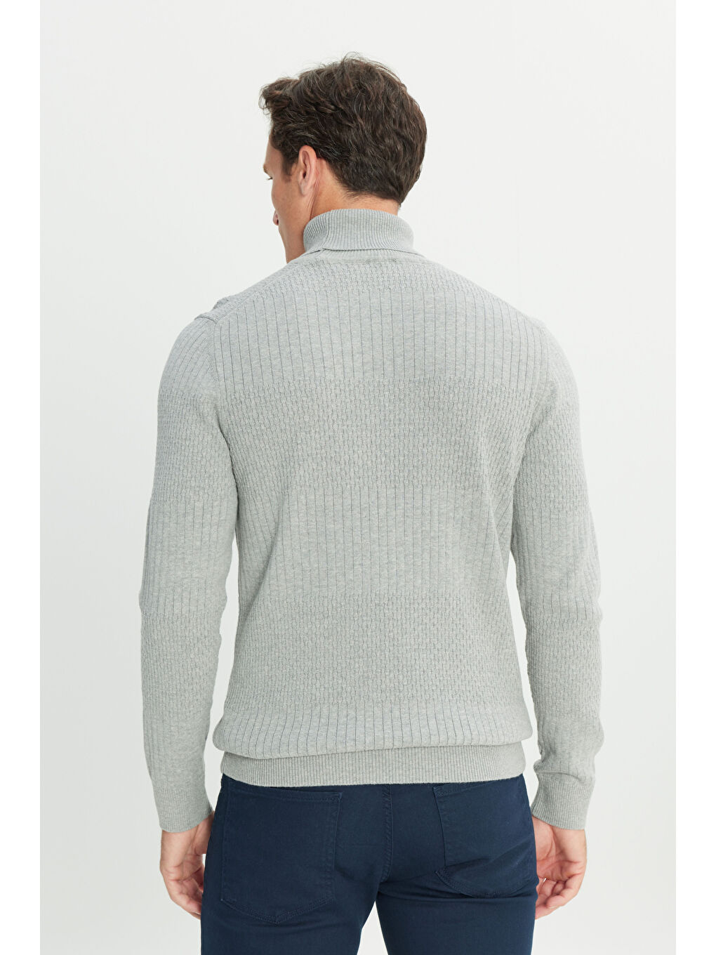 Erkek Gri Melanj Recycle Standart Fit Normal Kesim Tam Balıkçı Yaka Pamuklu Jakarlı Triko Kazak-4