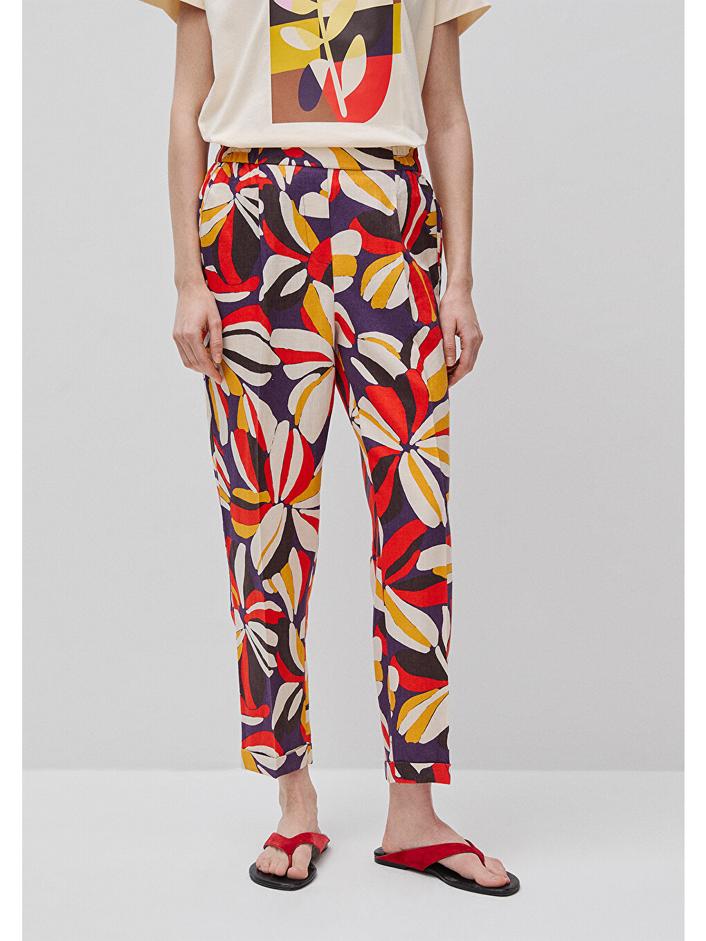 Kadın Mor Mix %100 Keten Tamamı Baskılı Jogger Pantolon