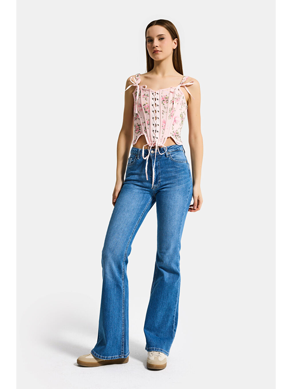 Kadın Pembe Çiçekli w5 Balenli Kuş Gözü Detaylı Özel Desen Tasarım Askılı Büstiyer-4