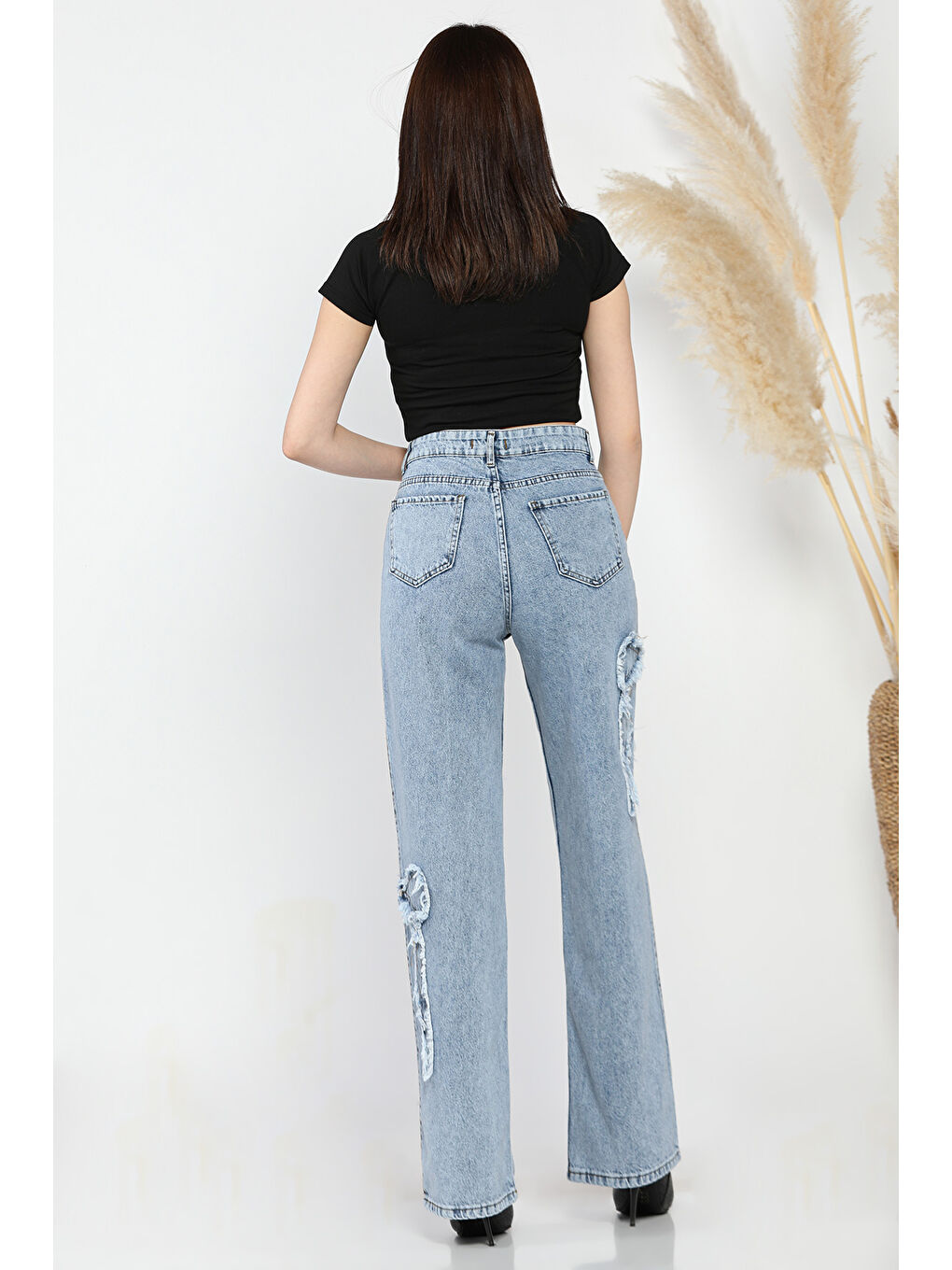 Mavi Yan Kurdele Detaylı Kadın Bol Paça Jean Pantolon-2