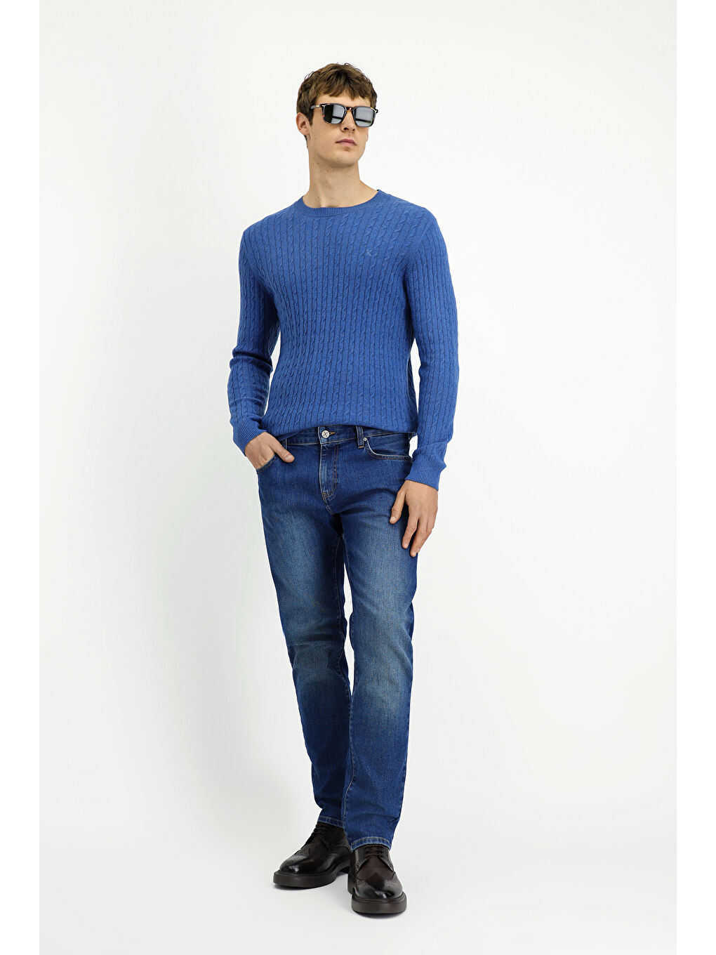 İndigo Bisiklet Yaka Regular Fit Desenli Yünlü Triko Kazak-1