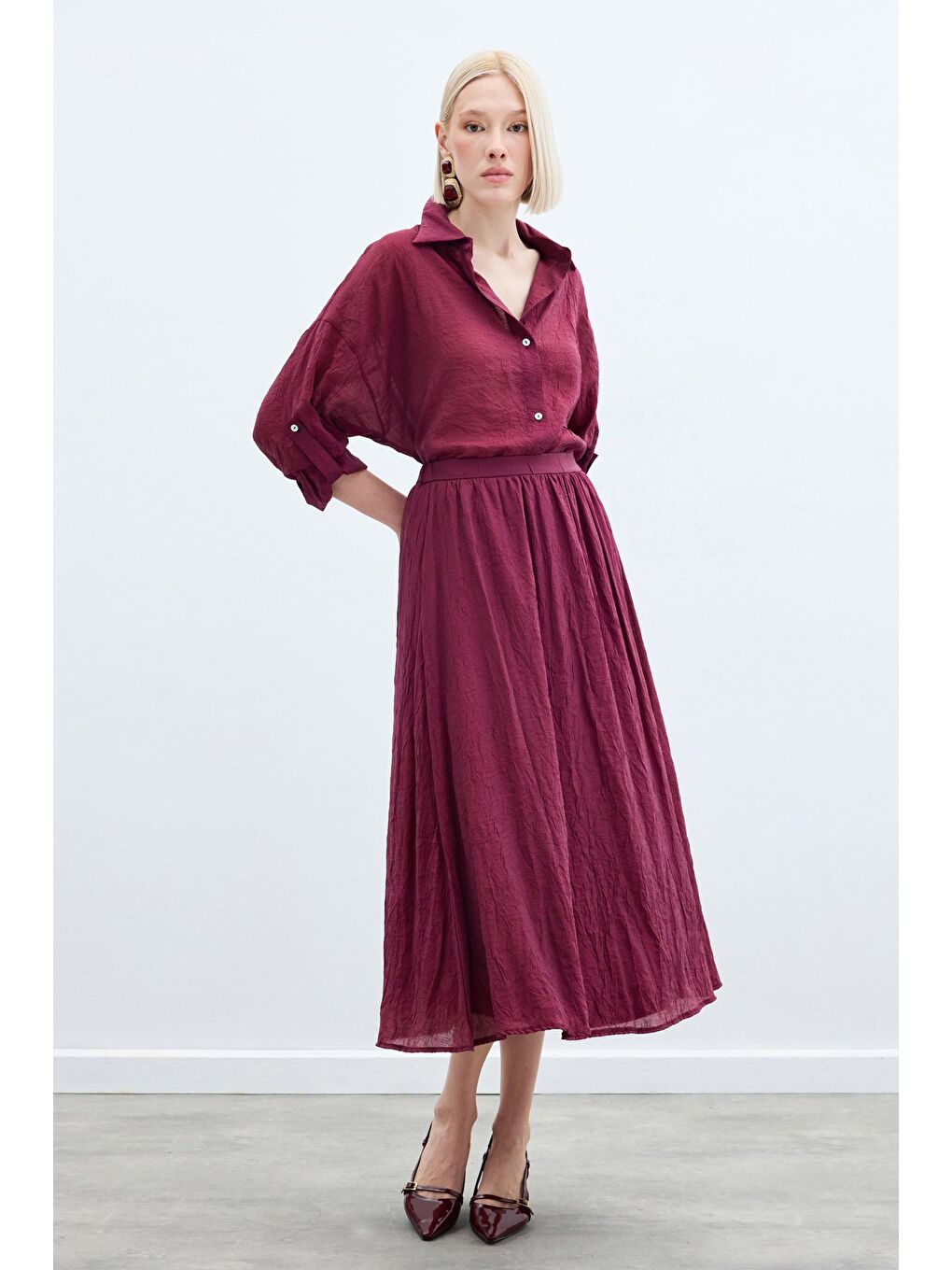 Kraşlı Kloş  Etek - Bordo-1