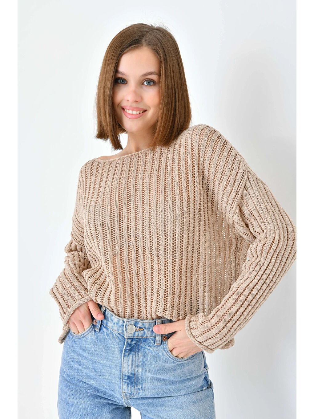 Bej Kadın Geniş Yaka Örgü Detay Oversize Triko Kazak