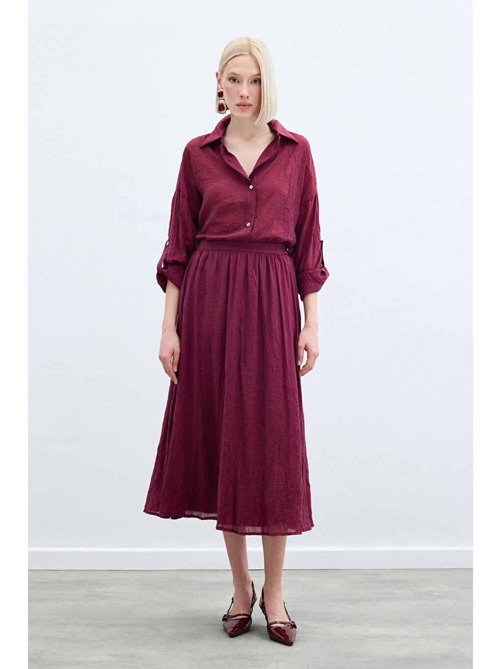 Kraşlı Kloş  Etek - Bordo-2