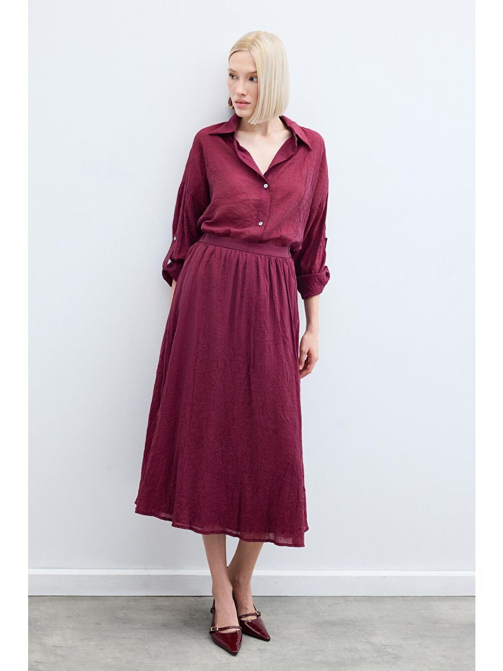 Kraşlı Kloş  Etek - Bordo-3