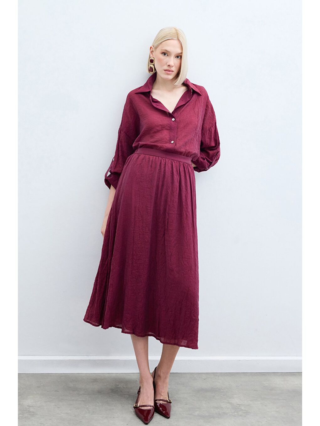 Kraşlı Kloş  Etek - Bordo-4