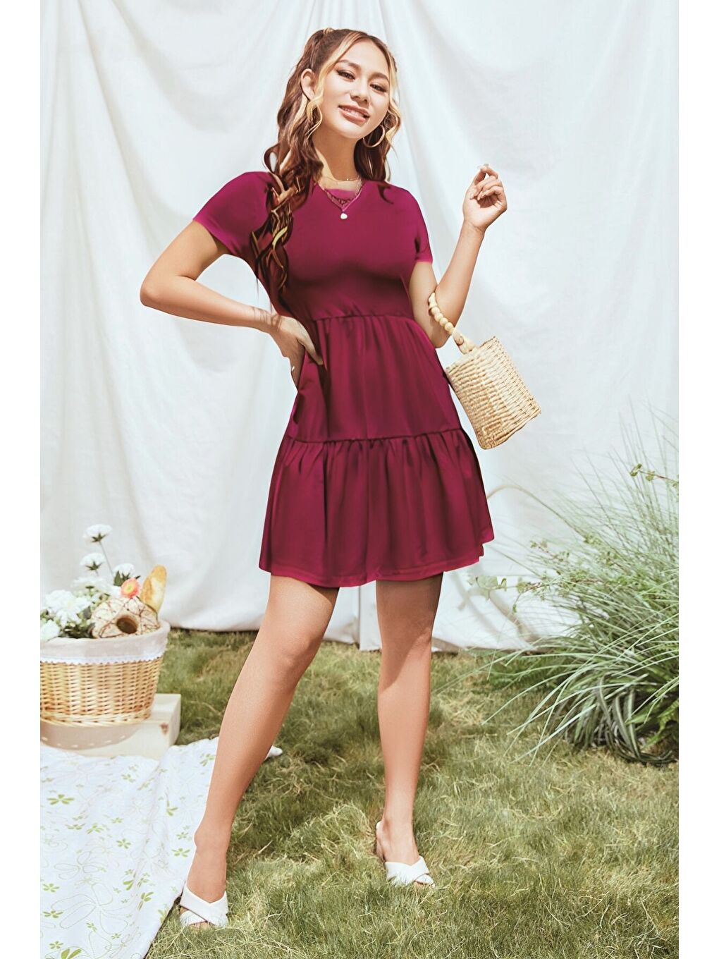 Bordo Bisiklet Yaka Düz Kısa Kollu Fırfırlı Penye Elbise