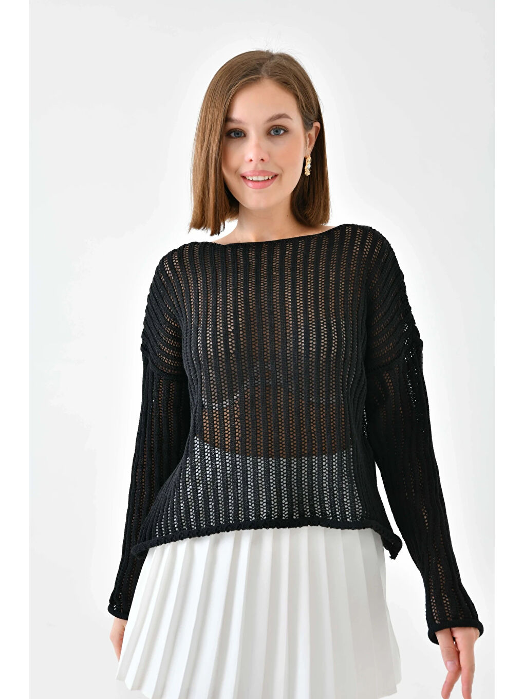 Siyah Kadın Geniş Yaka Örgü Detay Oversize Triko Kazak-1