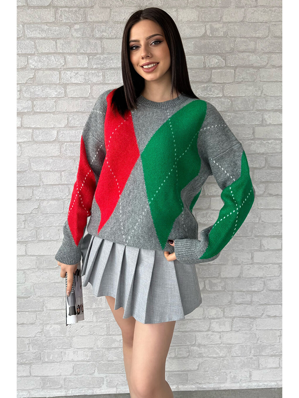 Gri Desenli Kadın Bisiklet Yaka Triko Kazak-1