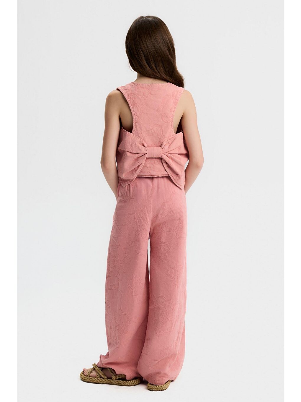 Pembe Kız Çocuk Pamuklu Pudra Rengi Kolsuz Bluz Ve Pantolon Takım-1