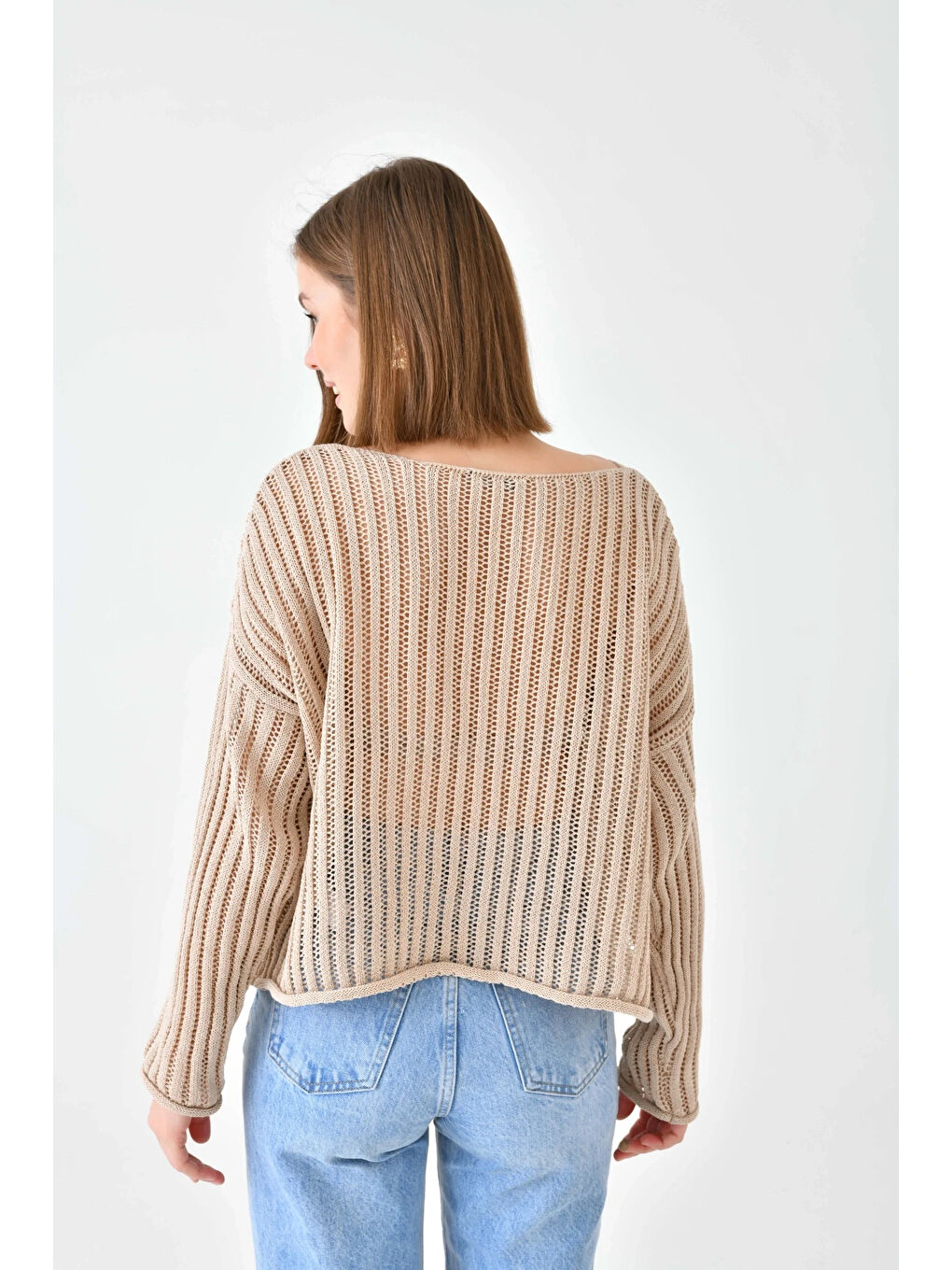 Bej Kadın Geniş Yaka Örgü Detay Oversize Triko Kazak-2