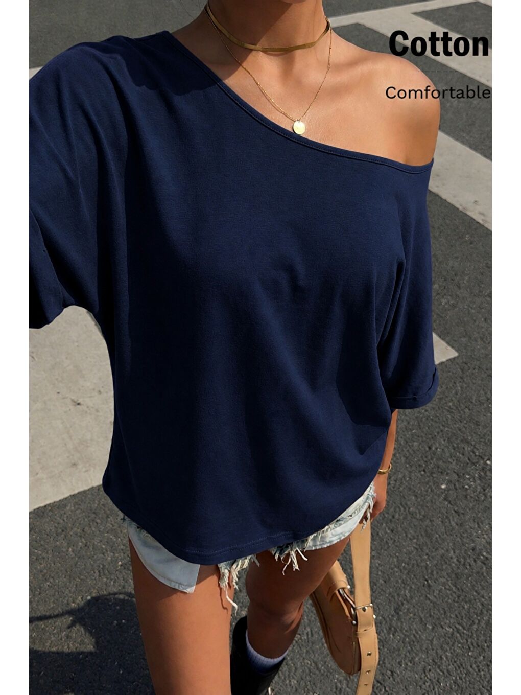 Lacivert Kadın Oversize Düşük Omuz Basic Tişört – Salaş Kesim Yazlık Rahat T-Shirt