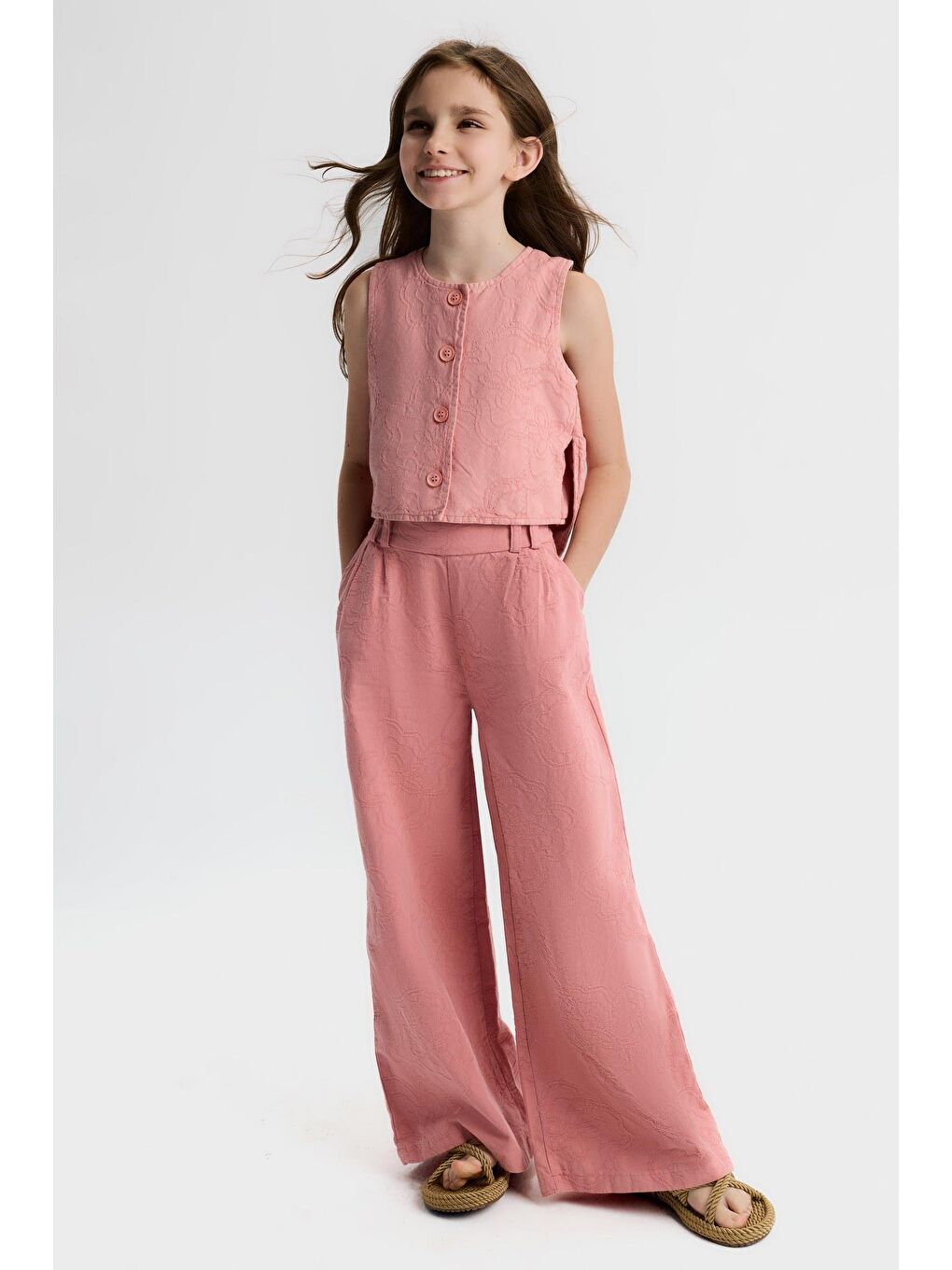 Pembe Kız Çocuk Pamuklu Pudra Rengi Kolsuz Bluz Ve Pantolon Takım-2