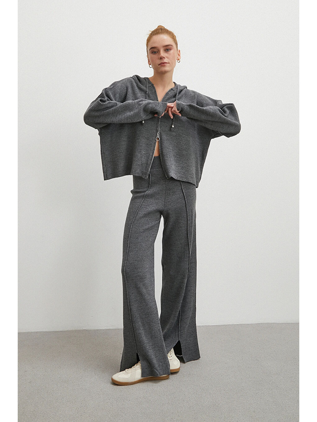 Çift Fermuarlı Kapüşonlu Pantolonlu Takım Gri