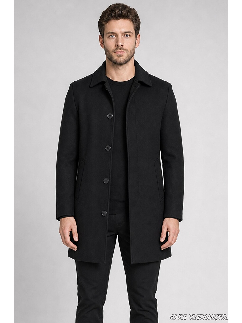 Siyah Erkek Slim Fit Klasik Yaka 3 Düğmeli Kısa Kaşe Kaban