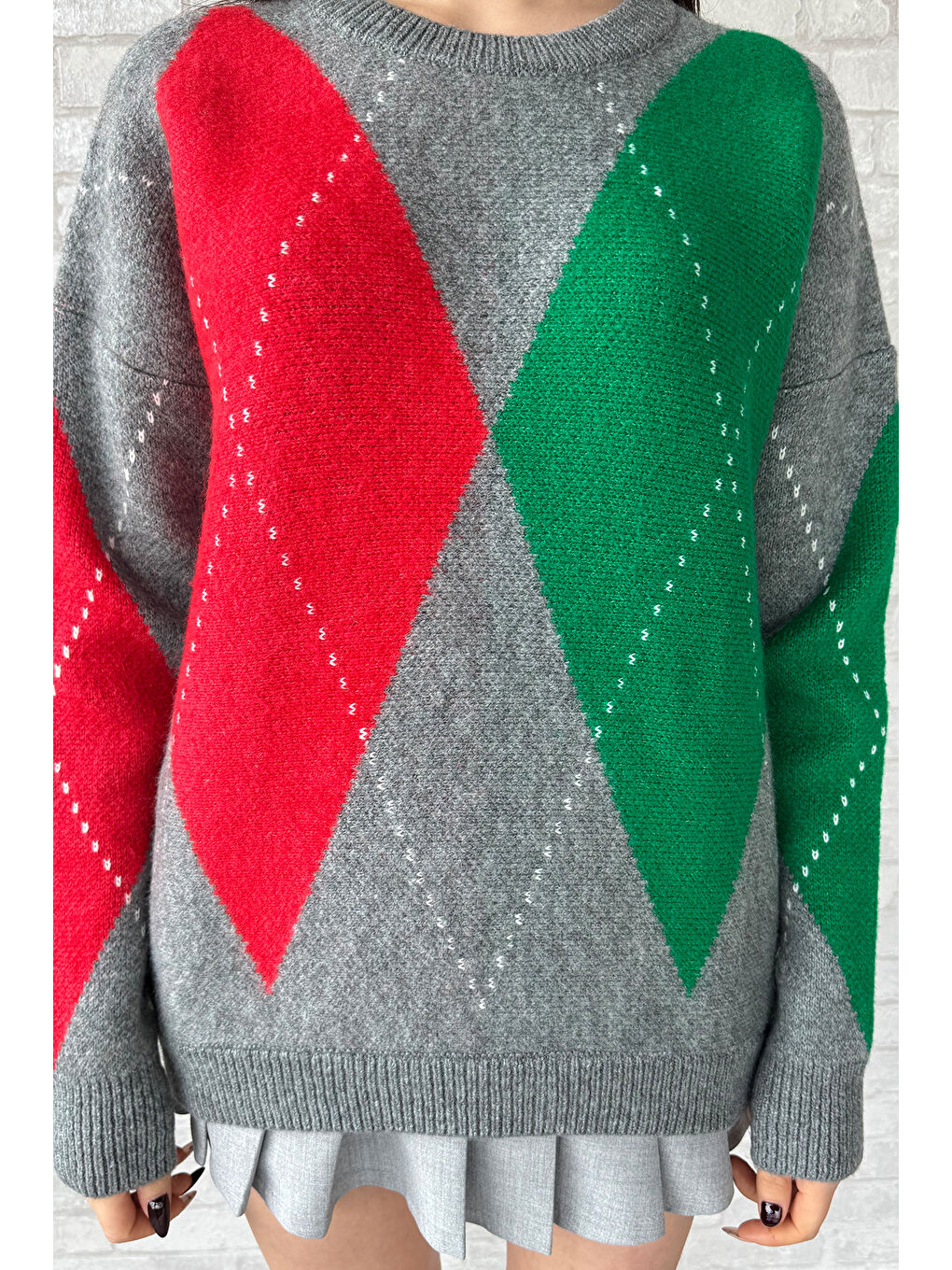 Gri Desenli Kadın Bisiklet Yaka Triko Kazak-2