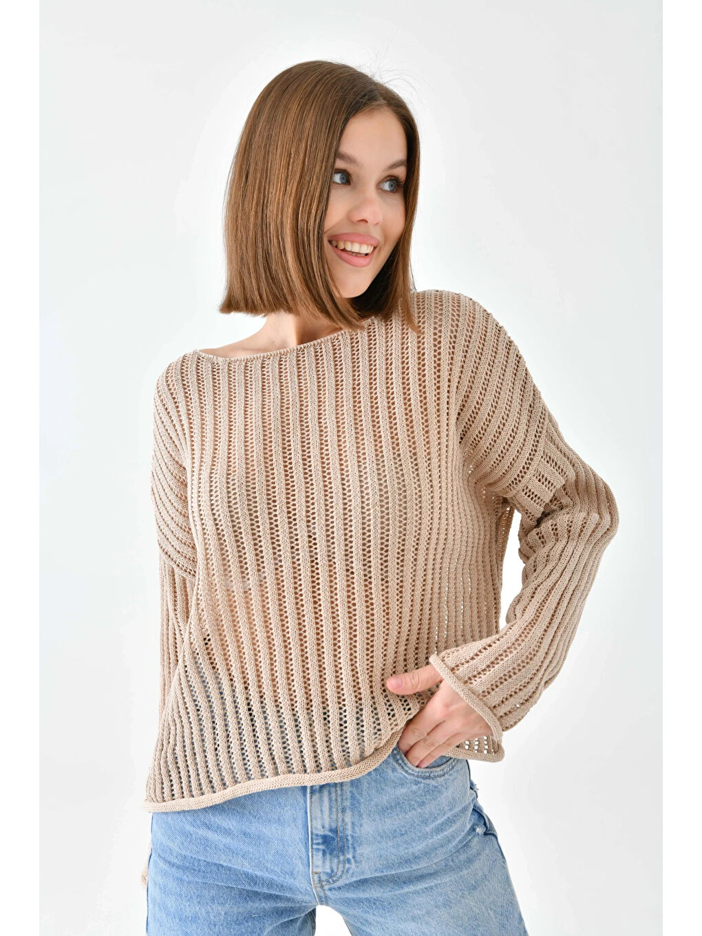 Bej Kadın Geniş Yaka Örgü Detay Oversize Triko Kazak-3