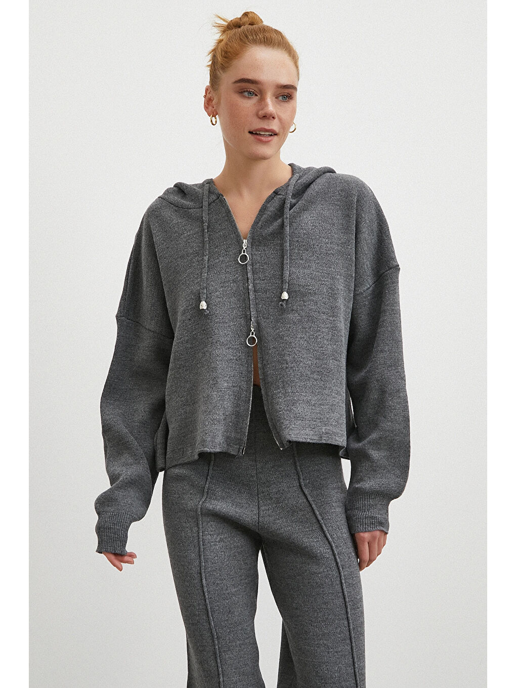 Çift Fermuarlı Kapüşonlu Pantolonlu Takım Gri-2