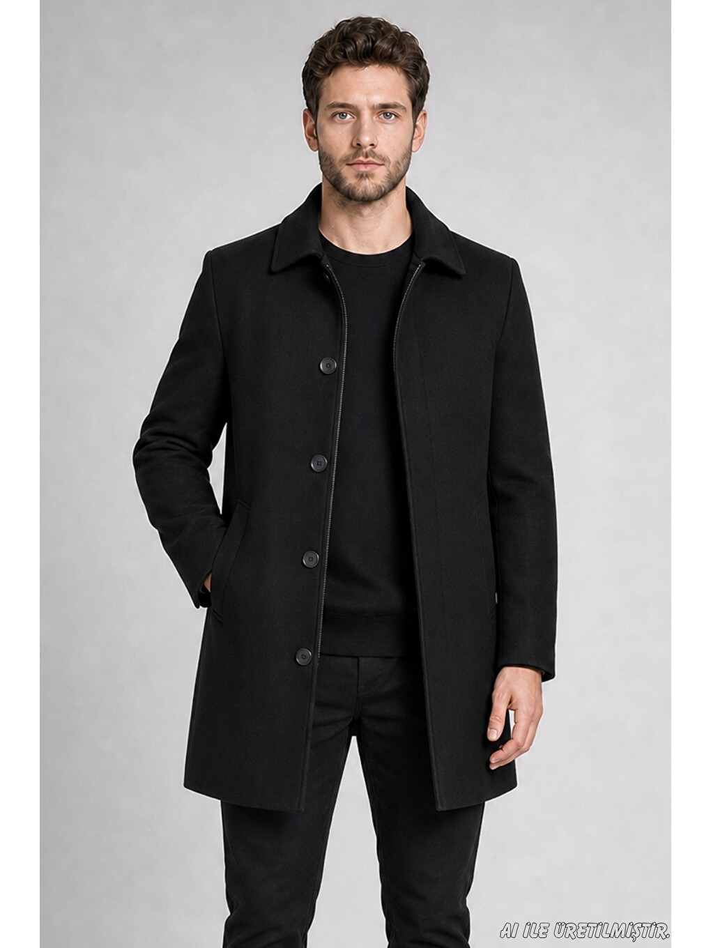 Siyah Erkek Slim Fit Klasik Yaka 3 Düğmeli Kısa Kaşe Kaban-1