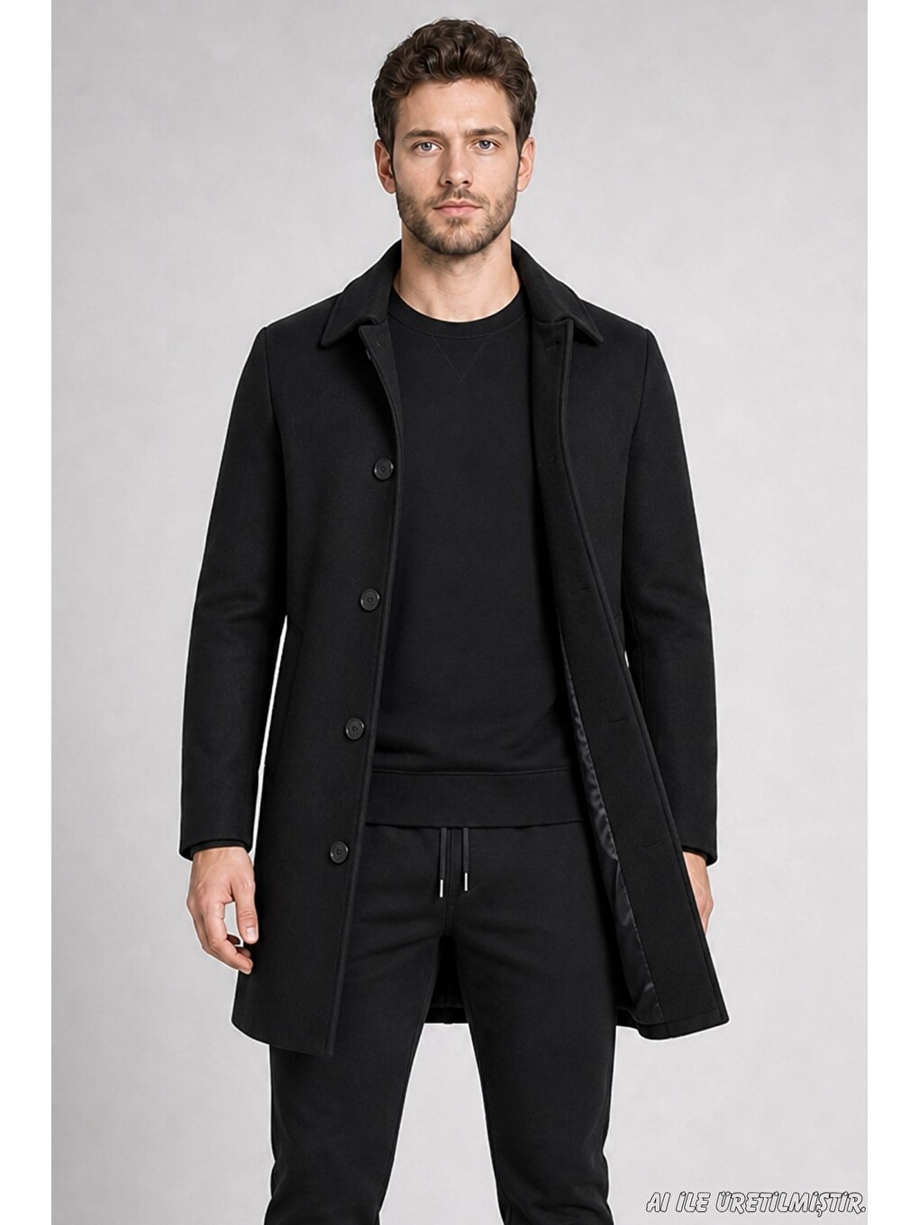 Siyah Erkek Slim Fit Klasik Yaka 3 Düğmeli Kısa Kaşe Kaban-2