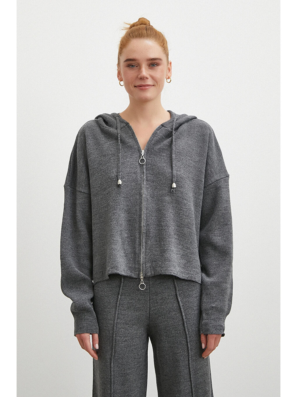 Çift Fermuarlı Kapüşonlu Pantolonlu Takım Gri-3