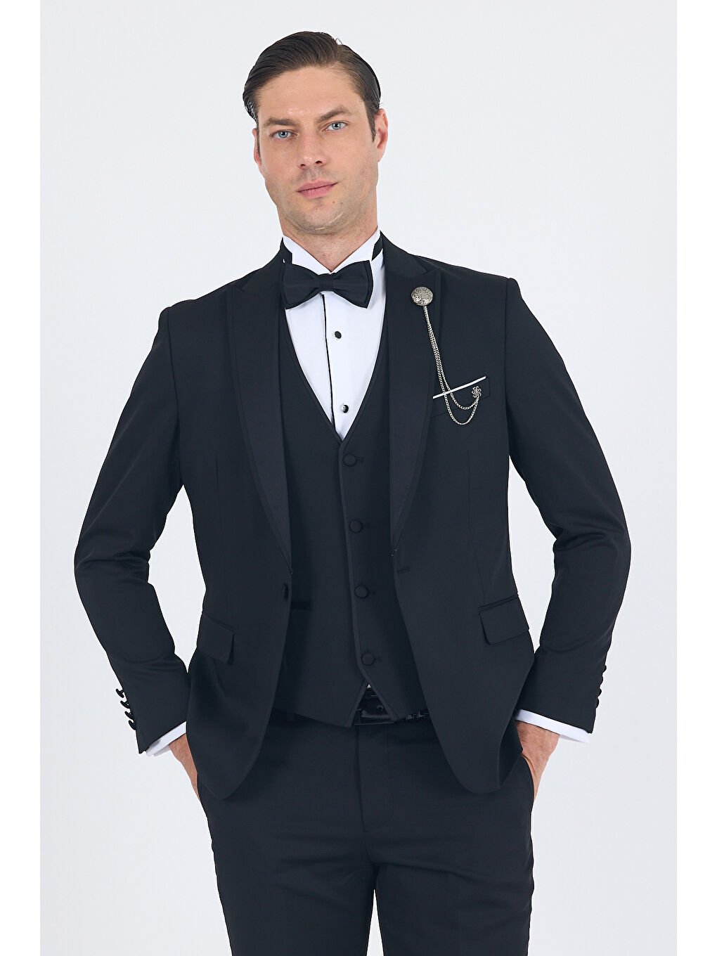 Siyah Kılıç Yaka Tek Düğme Slim Fit Yelekli Ceremony Takım Elbise 1001250200-2