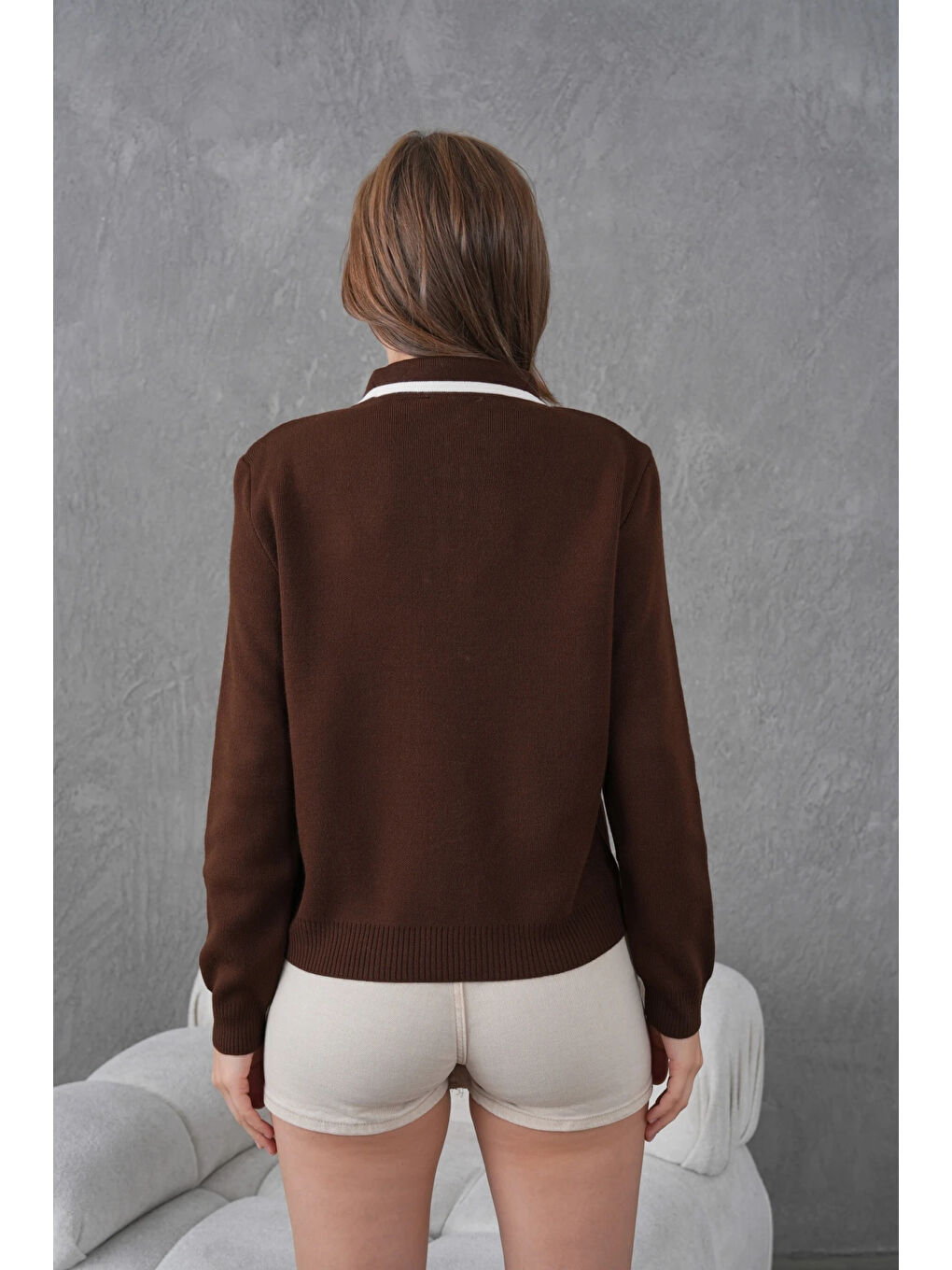 Kahverengi Kadın Polo Yaka Yarım Pat Fermuar Kapama Basic Triko Kazak-2