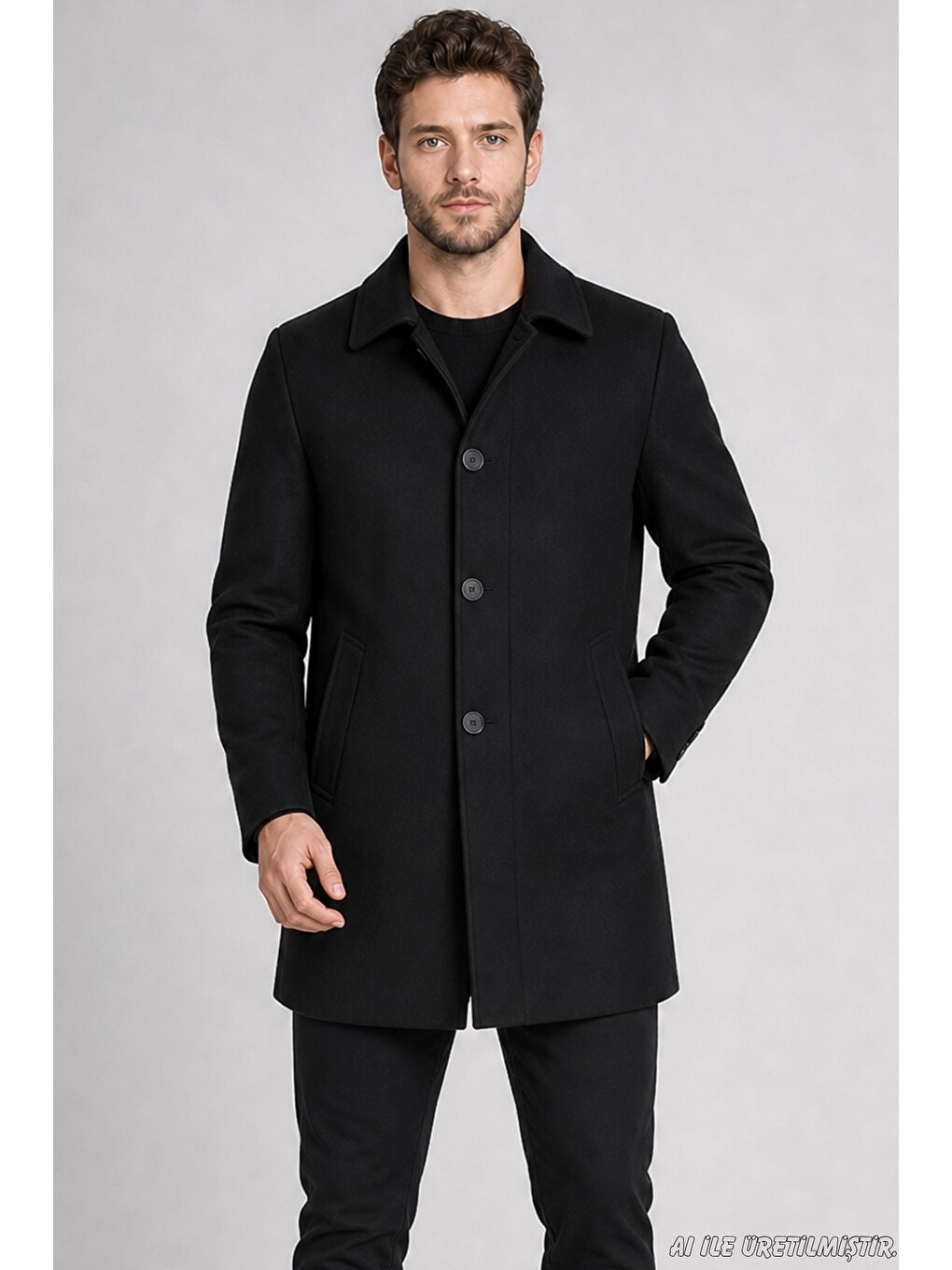 Siyah Erkek Slim Fit Klasik Yaka 3 Düğmeli Kısa Kaşe Kaban-3