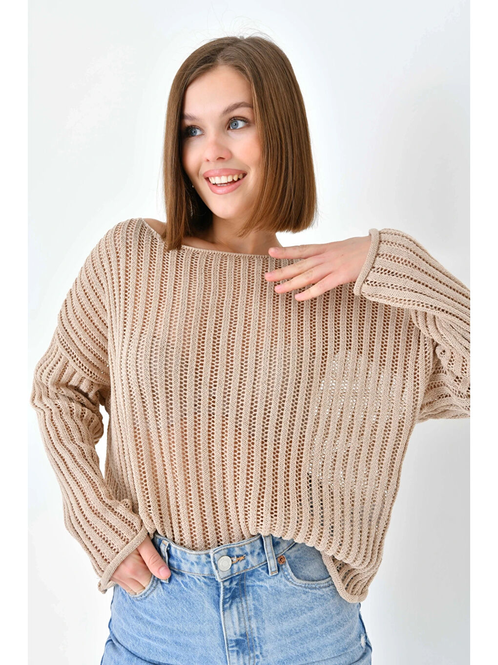 Bej Kadın Geniş Yaka Örgü Detay Oversize Triko Kazak-4