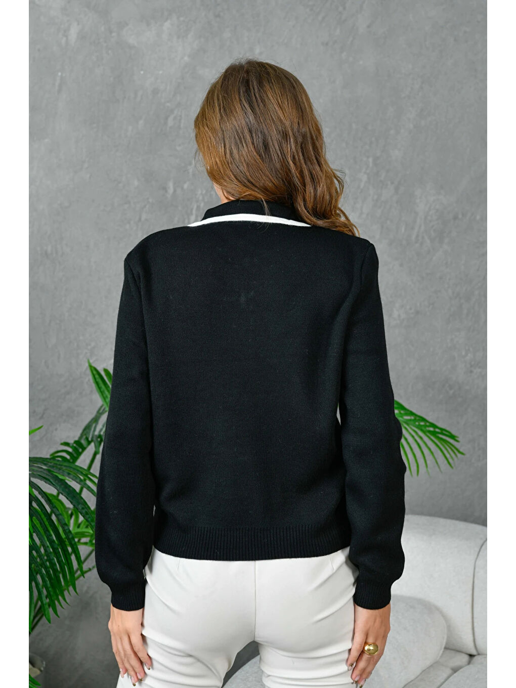 Siyah Kadın Polo Yaka Yarım Pat Fermuar Kapama Basic Triko Kazak-4