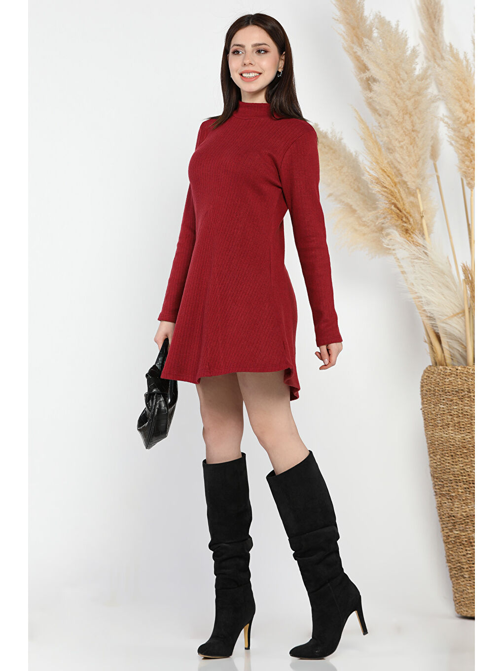 Bordo Yarım Balıkçı Yaka Kadın Fitilli Mini Elbise