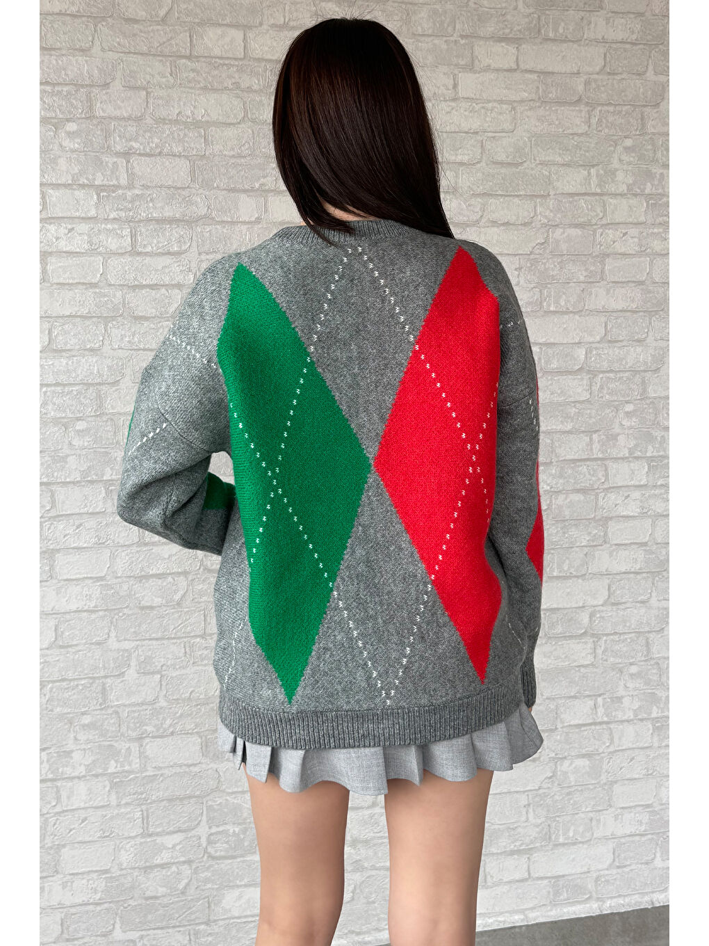 Gri Desenli Kadın Bisiklet Yaka Triko Kazak-3