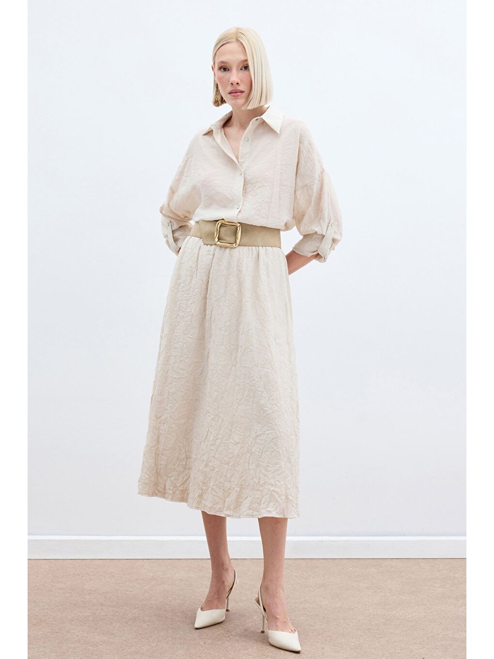 Kraşlı Kloş  Etek - Bej-1