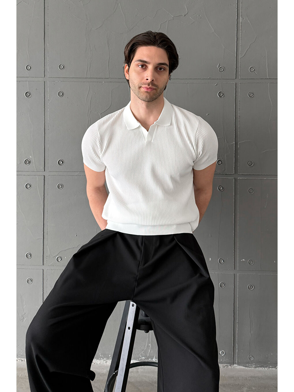 Beyaz Erkek Petek Desen Polo Yaka Triko T-shirt-1