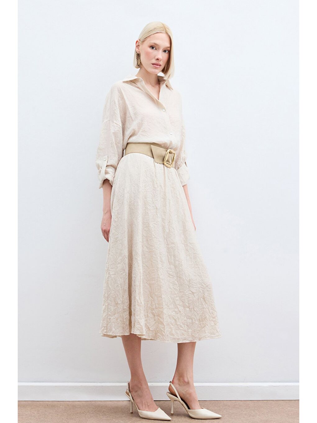 Kraşlı Kloş  Etek - Bej-2