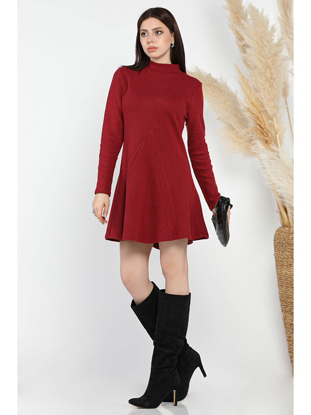 Bordo Yarım Balıkçı Yaka Kadın Fitilli Mini Elbise-1