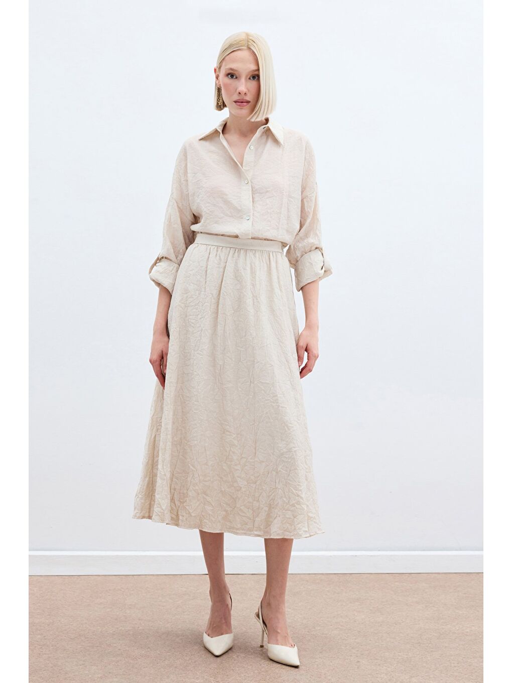 Kraşlı Kloş  Etek - Bej-3